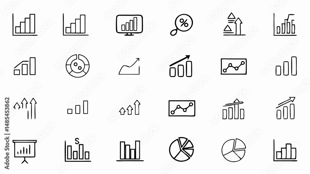 Poster collection of hand drawn business charts and graphs representing data analysis and trends for presen