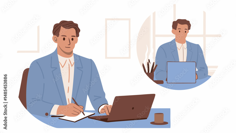 Poster man in suit working at desk with laptop and notebook and another man in suit with a laptop in backgr