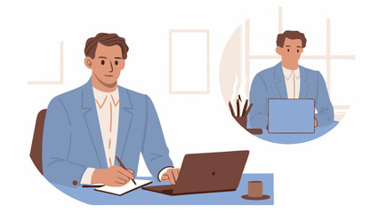 Man in suit working at desk with laptop and notebook and another man in suit with a laptop in background