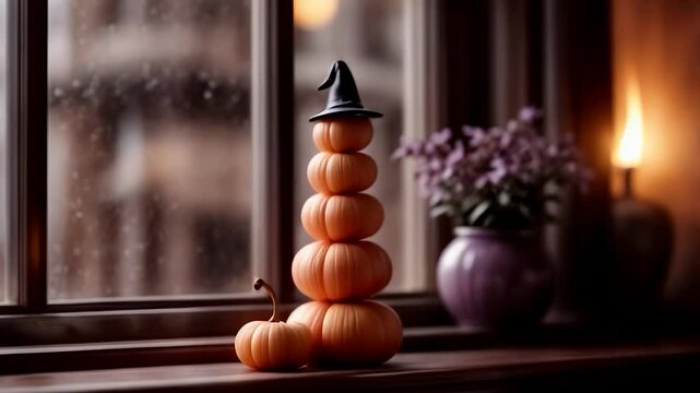 Creative autumn decorations with stacked pumpkins and a witch hat by a rainy window