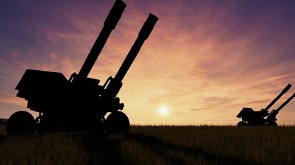 Large artillery guns stand silhouetted in golden sunset field, smooth camera motion captures powerful stillness in seamless video animation