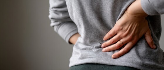 Adult woman experiencing lower back pain, holding her back in discomfort indoors Concept of backache, muscle spasm, injury, and healthcare