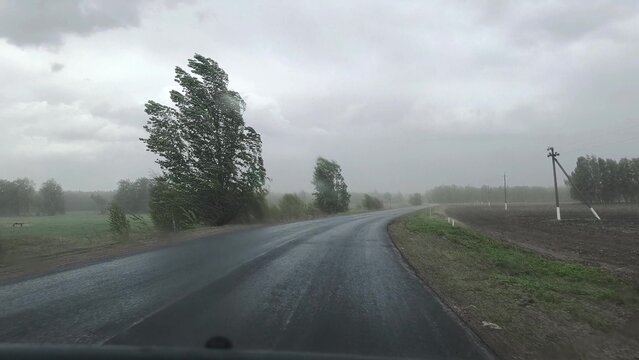 Driving in the rain. fog over the road, sandstorm on the way, strong wind, extreme weather conditions on the highway.