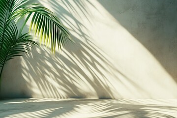 Sunlight filters through a palm tree, casting shadows on a light beige wall and floor