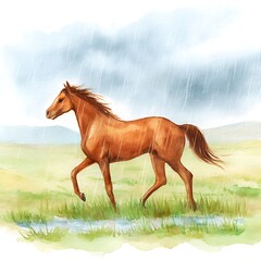 Fototapeta premium A Chestnut Horse Running in the Rain, Watercolor Painting.