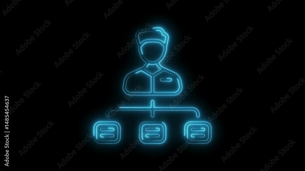 Aufkleber glowing neon organization chart on dark background with manager above three subordinates