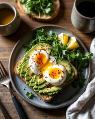 Ultra-realistic overhead shot of a vibrant avocado toast on sourdough bread, topped with perfectly sliced avocado roses, poached eggs with runny yolks, chili flakes, microgreens