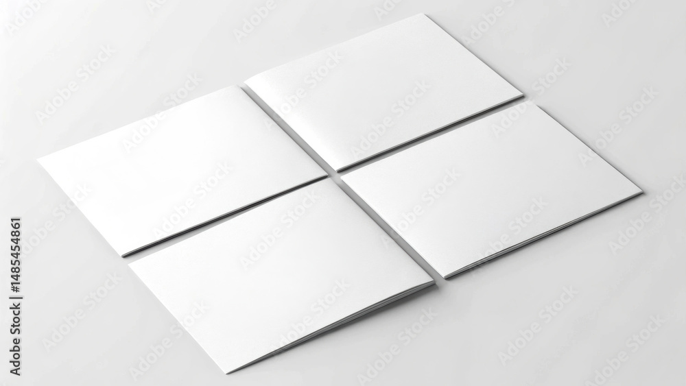 Poster four blank white paper mockup pages arranged in grid on clean surface, minimalistic and modern style