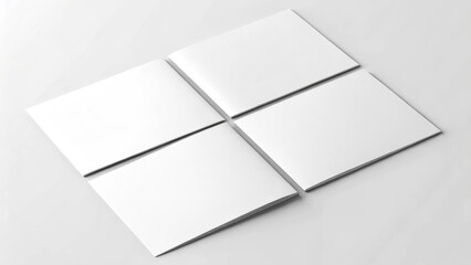 Four blank white paper mockup pages arranged in grid on clean surface, minimalistic and modern style, perfect for showcasing design or print layouts
