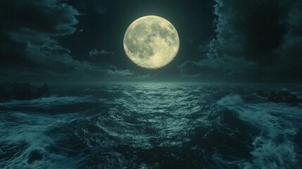 Full Moon Over Dark Ocean at Night