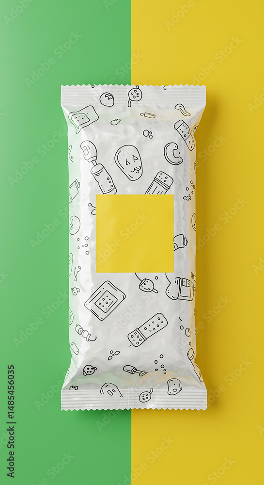 Poster white rectangular package with yellow label and doodle pattern on green and yellow background.
