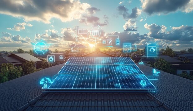 Solar panel on a rooftop with digital icons overlayed, depicting smart home technology - Powered by Adobe