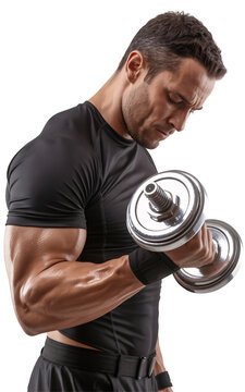 Muscular man lifting dumbbell isolated on transparent background, fitness, workout, gym, exercise.