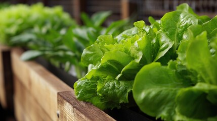 Close-up of fresh green lettuce growing on a wooden raised bed, showcasing organic produce for eco-friendly activities, Earth Day celebrations, and an organic restaurant, sustainable.