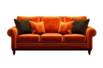 Elegant orange velvet sofa with black and striped pillows