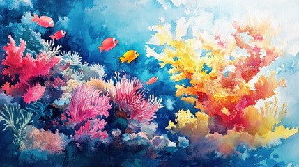Vibrant Underwater Coral Reef Watercolor Painting