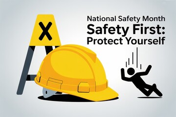 National Safety Month Poster Design Featuring Helmets and Warnings