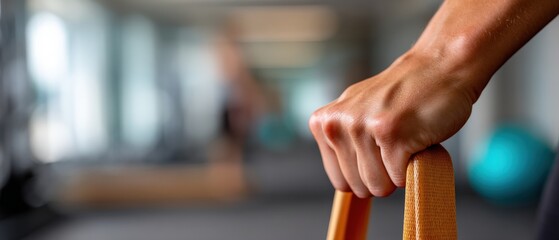 Closeup of a Caucasian adult womans hand gripping a yellow resistance band in a gym, showcasing strength training and fitness concept