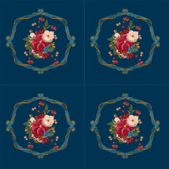 Seamless pattern with vintage red flowers on dark blue background. Tissue, pattern, layout