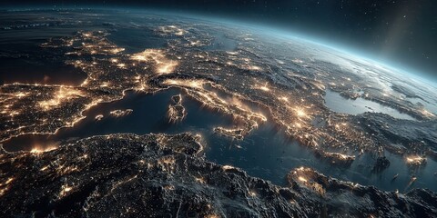 Global Network Connection at Night with Digital Map and Data Lines