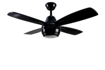 Black ceiling fan with light fixture on transparent background