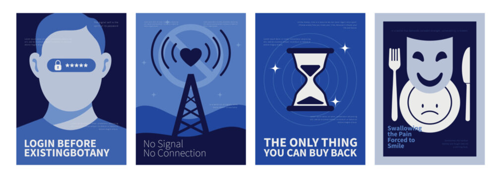 Metaphorical Posters: Striking minimalist posters with deep blue hues, each a visual metaphor, cleverly communicate poignant messages about modern life and society.