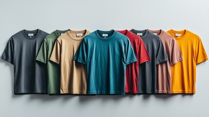 A row of shirts in various colors, including green, yellow, and red