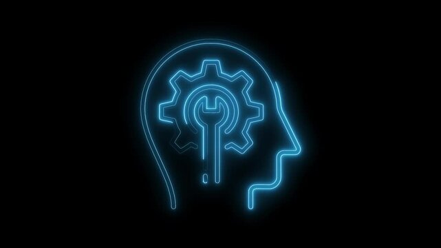 Brain with gear and wrench concept with neon glowing outlines on black background