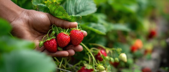 Closeup of African American hand holding freshly picked ripe strawberries in a lush green field Concept of organic farming, healthy eating, and summer harvest