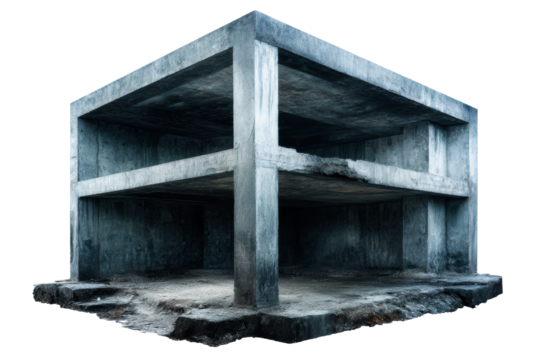 Unfinished concrete structure with exposed beams in urban setting