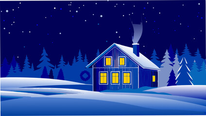 Fototapeta premium Illustration of a snow covered house with glowing windows at night in a winter landscape scene with trees