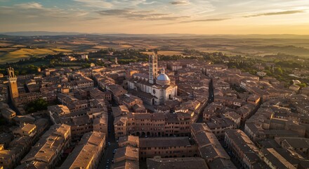 Naklejka premium Cityscape Aerial View at Sunrise with Buildings and Rolling Hills