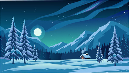 Naklejka premium A winter landscape with snow covered trees mountains and a cozy cabin under a bright moonlit night sky