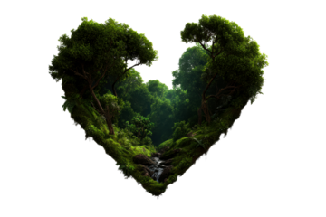 Heart shaped forest landscape with lush greenery and stream