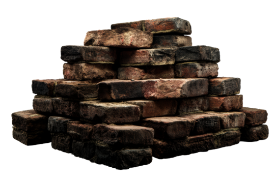 Piled red bricks on a transparent background for construction use