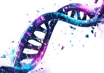 Dynamic, fragmented DNA helix.  Abstract representation of broken double helix,  surrounded by shattered pieces, vibrant colors