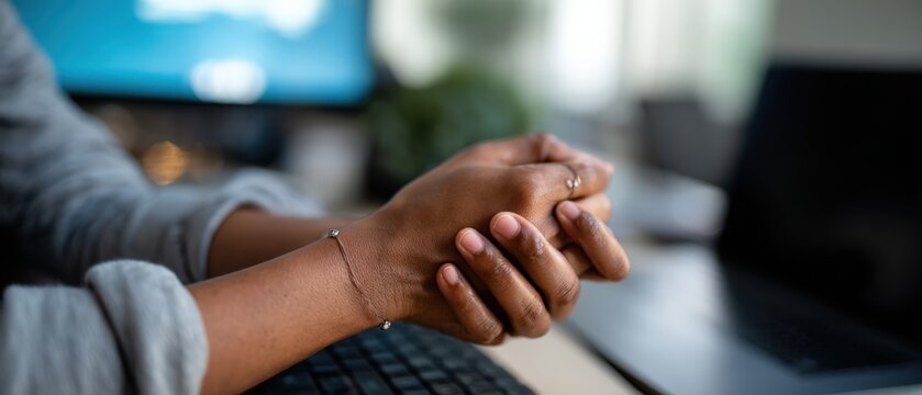 Anxious African American woman clasped hands at her desk in the office, feeling stressed and overwhelmed while working on a computer, concept of mental health and work life balance