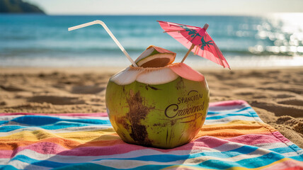 Refreshing Coconut Drink on Beach Towel