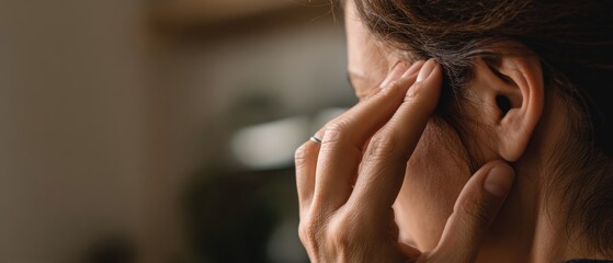 Stressed adult woman massaging her ear for tinnitus relief, seeking comfort from ear pain or hearing issues indoors Concept of healthcare, selfcare, and wellbeing