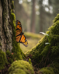 Monarch Butterfly on Mossy Tree in Forest