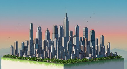 Obraz premium Cityscape Illustration with Skyscrapers and Greenery at Base