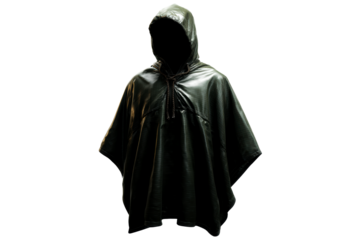 Classic black poncho with hood and adjustable ties for outdoor use