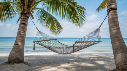 Empty Hammock Between Palm Trees Overlooking Ocean