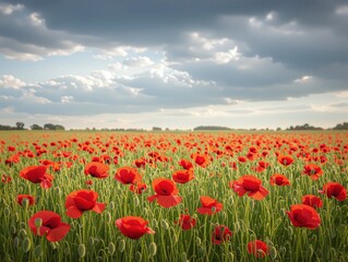 Vibrant field of red poppies symbolizes remembrance and hope under a cloudy sky