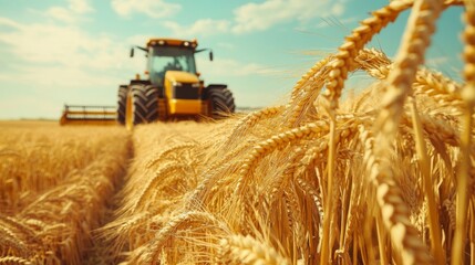Fototapeta premium Golden Wheat Field with Tractor Harvesting