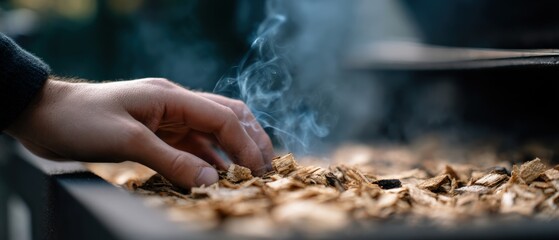 Mans hand adding smoking wood chips to a barbecue grill for authentic flavor and smoky aroma Concept of grilling, cooking, and outdoor lifestyle
