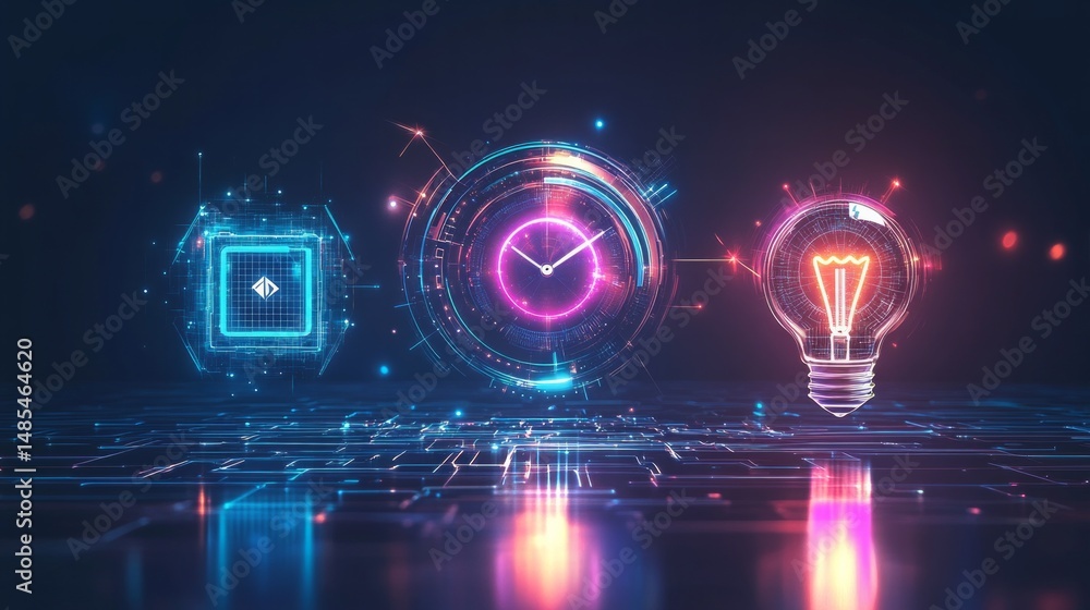 Poster a computer chip, a clock and a light bulb are displayed on a blue background