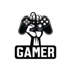 Gamer Hand Holding Controller Vector Icon Raised Fist with Gamepad Logo for Esports and Video Game Enthusiasts Monochrome Illustration Isolated on White Background for T shirt Print and Online Media