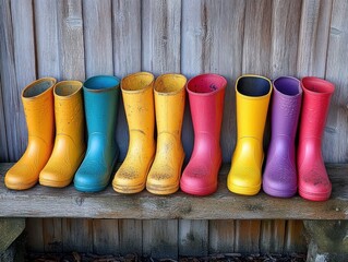 Row of colorful well-worn rubber boots lined up on a rustic wooden bench against a wooden wall, evoking a feeling of outdoor adventures and rainy days