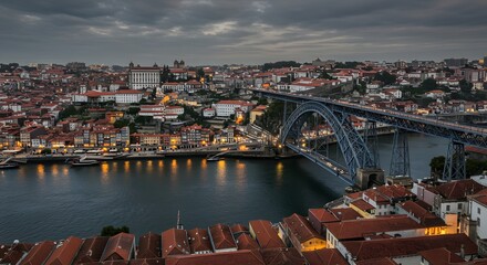 Obraz premium Cityscape View with River and Bridge Under Cloudy Sky at Dusk